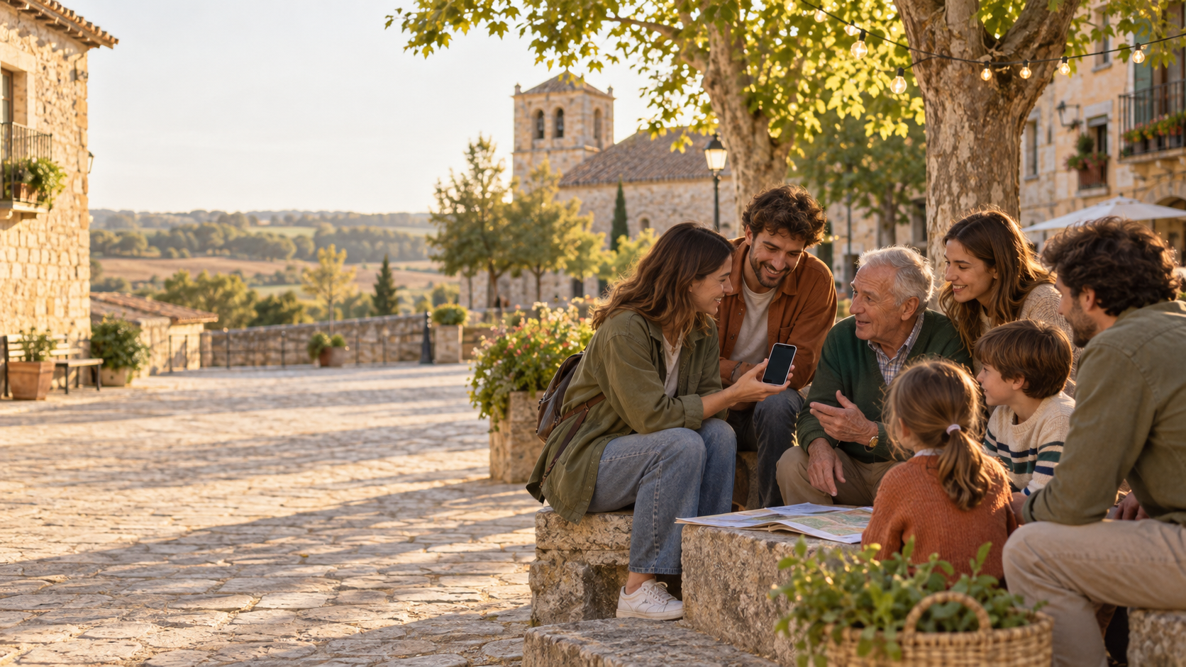Vecinas y vecinos compartiendo planes en la plaza de un pueblo de Palencia